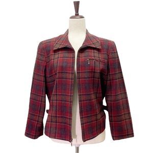 Pendleton Knockabouts Virgin Wool Zip Front Jacket Burgundy Blue Plaid Size 10